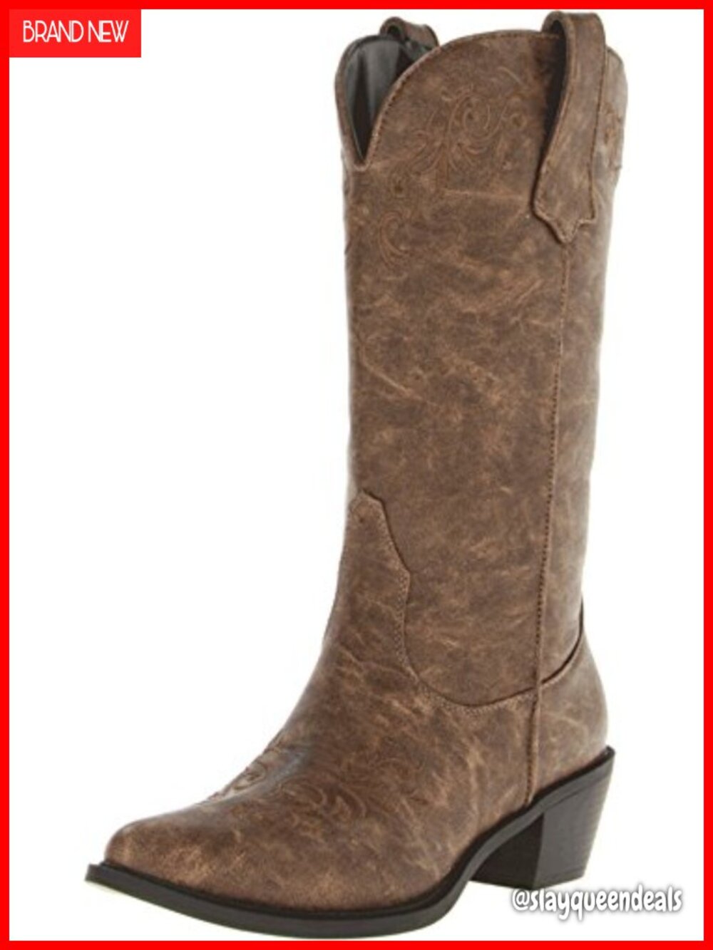 Faux Leather Mid Calf Western Booties Round Toe Pull On Casual